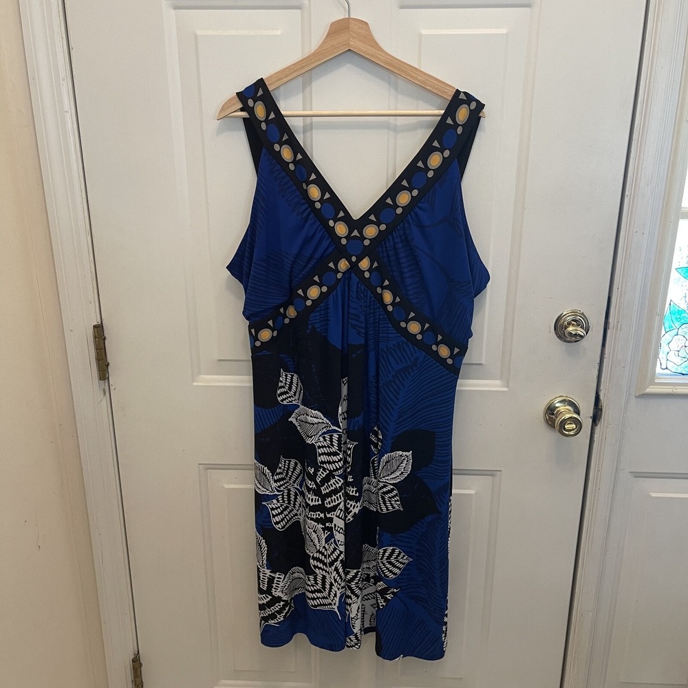Style & Co Women's Blue Black White Leaf Print Sleeveless Dress Size 3X Y2K Boho